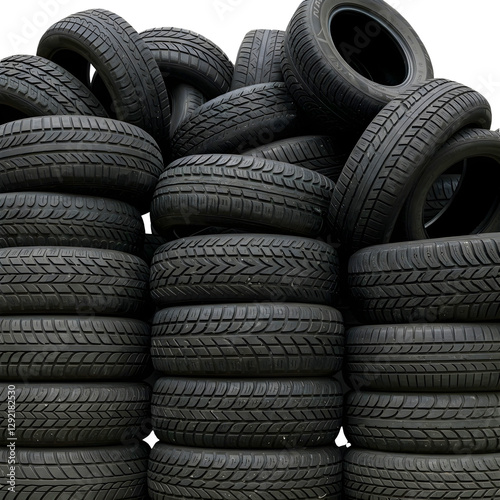 A pile of black car tires stacked together on a transparent background.
