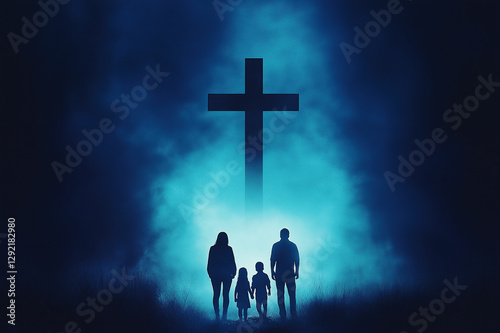 Silhouette of Family Walking to Christian Cross Blue Dark Background