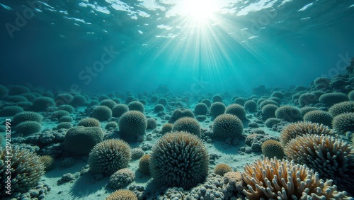 Wallpaper Mural Sunlight illuminating a bleached coral reef with unique perforated rock formations underwater	 Torontodigital.ca