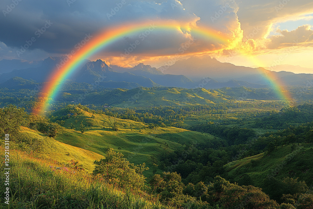 Vibrant Rainbow Arches Over Lush Green Hills and Distant Mountain Peaks Vibrant Rainbow Arches Over Lush Green Hills and Distant Mountain Peaks