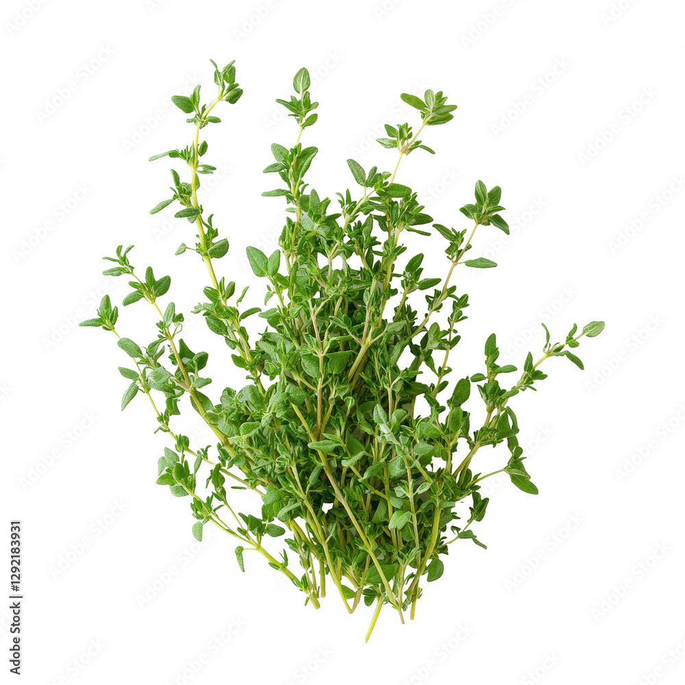 Fresh thyme sprigs displayed on a clean white background for culinary use in cooking and seasoning, Fresh thyme isolated on white background Fresh thyme sprigs displayed on a clean white background for culinary use in cooking and seasoning, Fresh thyme isolated on white background