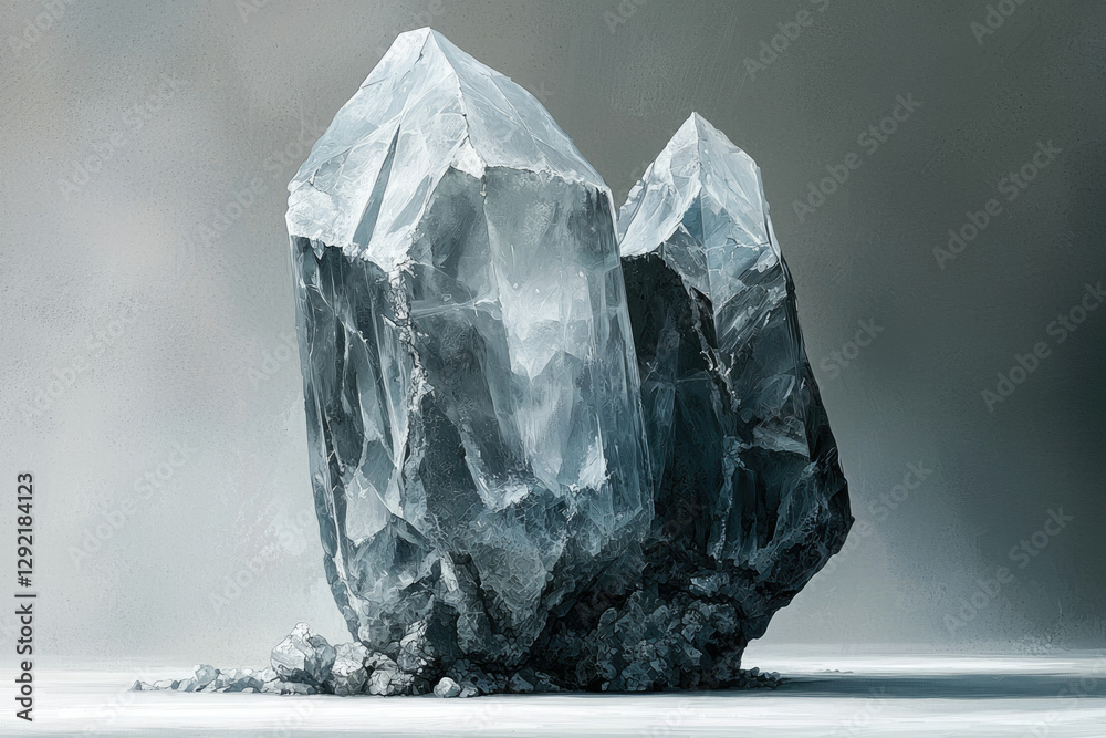 Obraz premium A majestic glacial rock formation, possibly a large crystal, stands alone in a desolate landscape.