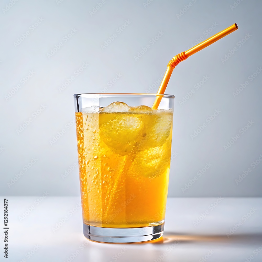 Refreshing Iced Drink with Orange Straw on a Light Background Refreshing Iced Drink with Orange Straw on a Light Background