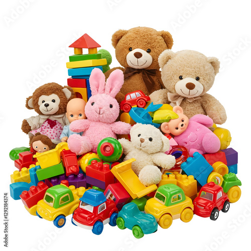 A colorful pile of various toys on a transparent background.