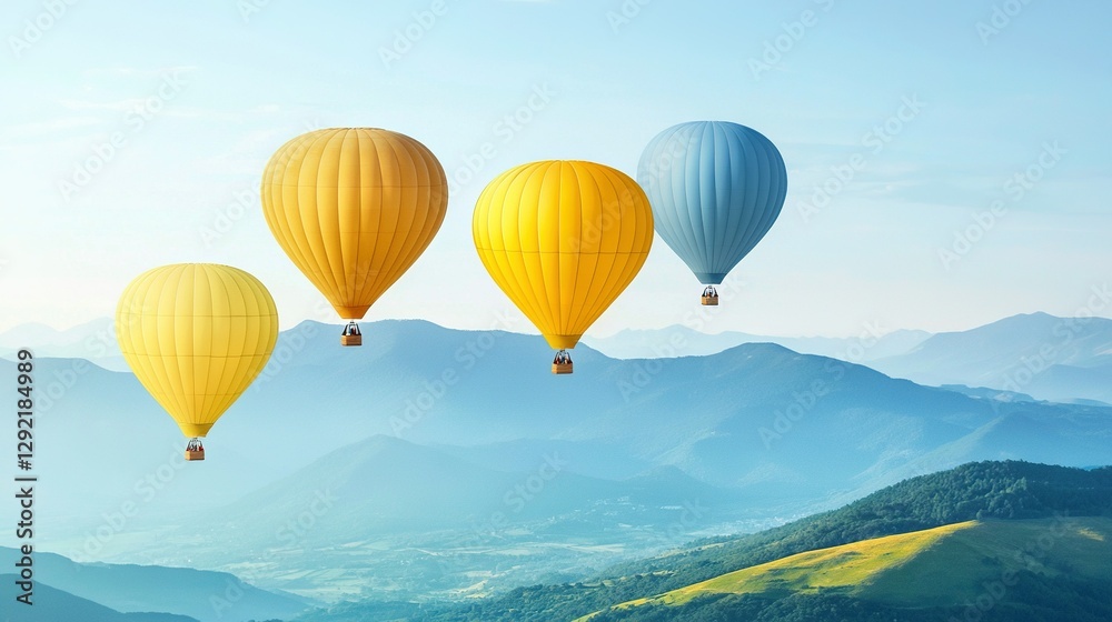 Fototapeta premium Three hot air balloons flying over a mountain range in a blue sky