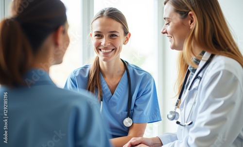 Friendly Interaction Between a Young Female Nurse and Two Patients in a Bright Healthcare Setting Emphasizing Empathy and Care