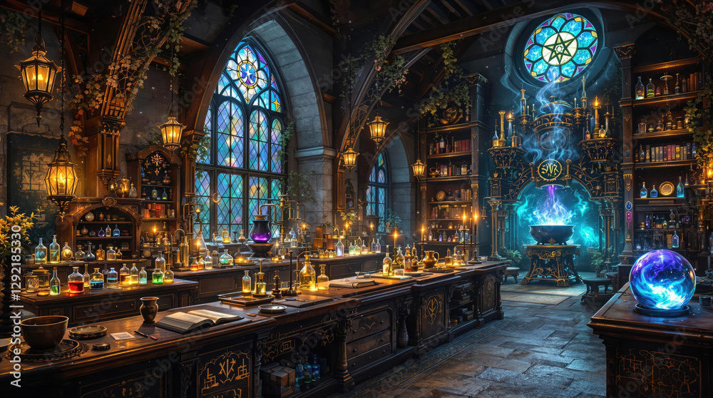 Obraz premium Enchanting alchemy lab filled with colorful potions and mystical artifacts in a dimly lit, medieval setting. Generative AI