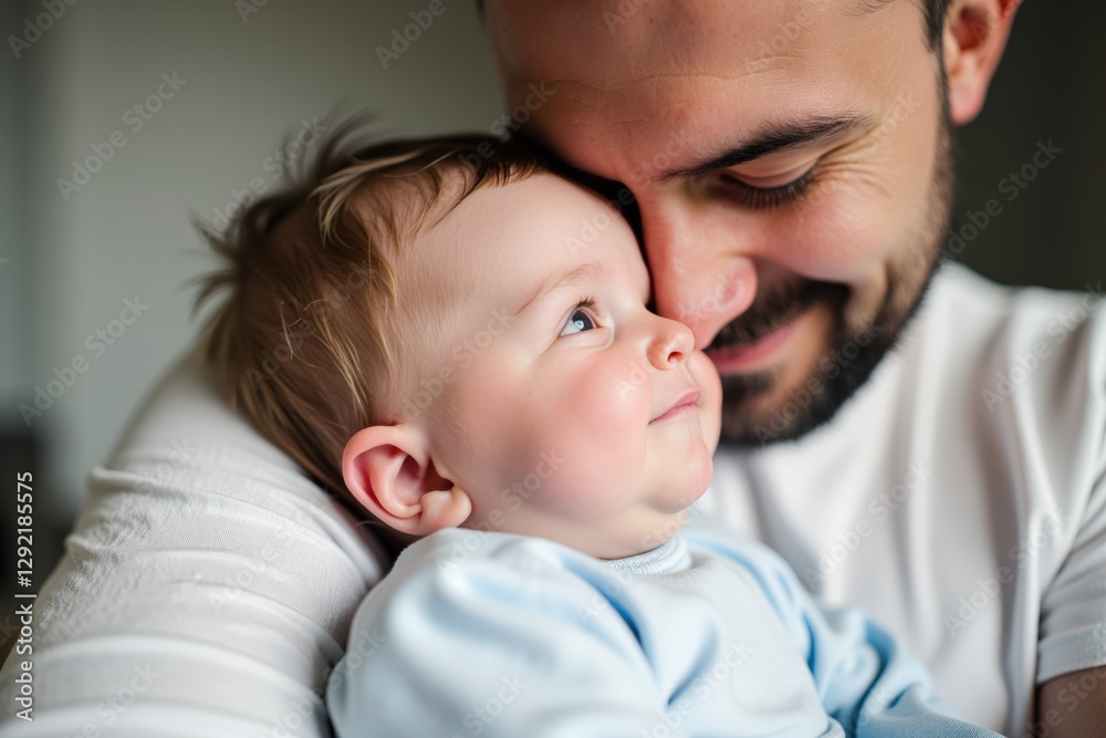 Tender Moment: A Loving Caucasian Father Embraces His Infant Son in a Cozy Setting, Capturing the Bond Between Parent and Child with Joyful Expressions Tender Moment: A Loving Caucasian Father Embraces His Infant Son in a Cozy Setting, Capturing the Bond Between Parent and Child with Joyful Expressions