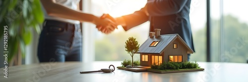 Real Estate Deal Handshake Over New Home Model and Keys, wide panoramic photo