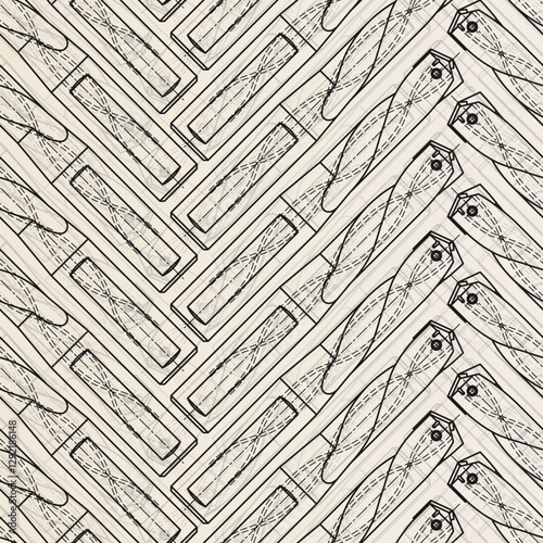Mechanical engineering drawings on sepia background. Drill tools, borer. Technical Design. Cover. Blueprint. Vector illustration. Seamless pattern.