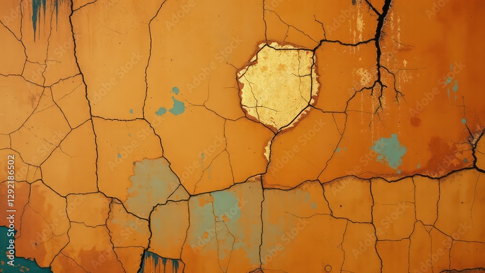 Naklejka premium Colorful abstract texture showing cracked surface with gold detail on orange background. Generative AI
