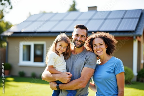 A Happy Family Posing in Their Backyard with Solar Panels on the Roof: Celebrating Sustainability and Togetherness on a Bright Day photo