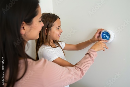 A Caucasian Woman Assisting a Young Girl in Adjusting a Smart Thermostat in a Modern Home Living Room Environment