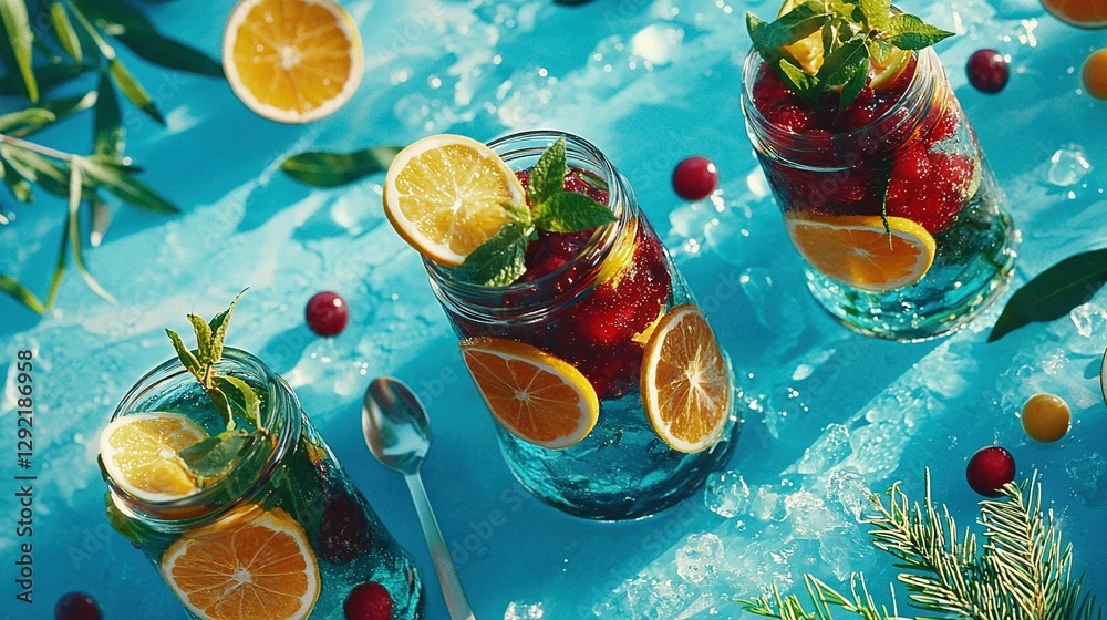 Three mason jars filled with oranges, strawberries, and cranberries on a blue surface Three mason jars filled with oranges, strawberries, and cranberries on a blue surface