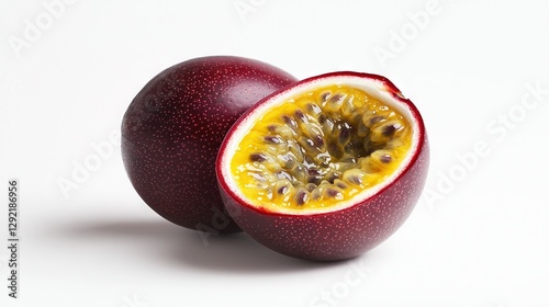   A halved passion fruit rests atop a white table alongside another halved passion fruit