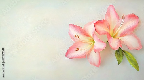   A pair of pink blossoms rests atop a white table, adjacent to a lush green foliage plant positioned on a pristine white background