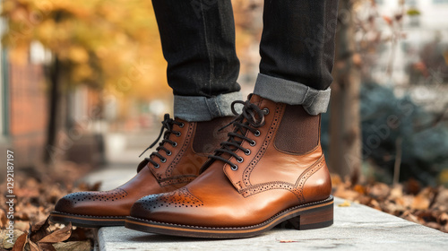 Pair of black leather boots, dress boots for men. Black brogue boots on a white background. Man's legs in black jeans and brown leather boots.