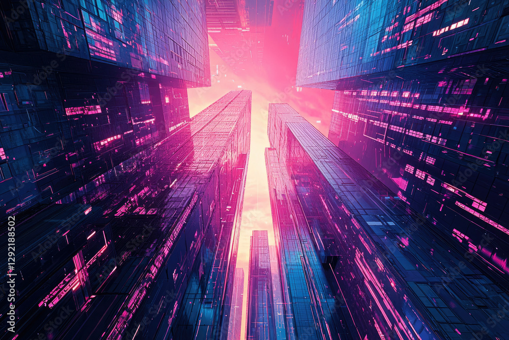 Obraz premium A futuristic cityscape with towering, neon-lit buildings reaching for a vibrant, pink-hued sky.
