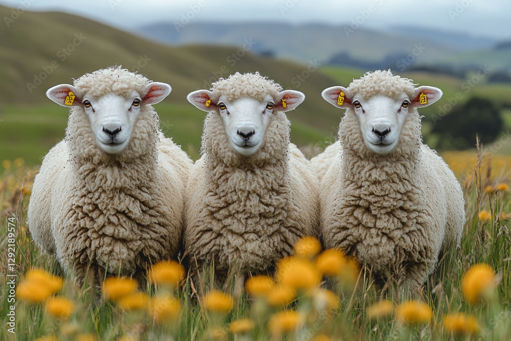 Fototapeta premium Triple Threat of Wool, Sheep Trio in a Golden Meadow