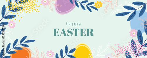 Beautiful pastel floral banner with Easter eggs, leaves, and flowers, perfect for festive decorations