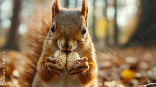 Close-up of squirrel holding and eating peanuts in autumn forest photo