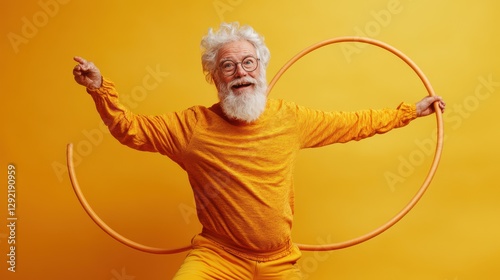 Joyful elderly caucasian male with hula hoop on yellow background