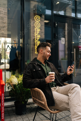 Bild auf Leinwand Vertical portrait of happy young man sitting at outdoor cafe chair, holding takeaway coffee cup and browsing smartphone, enjoying relaxing break in vibrant urban atmosphere