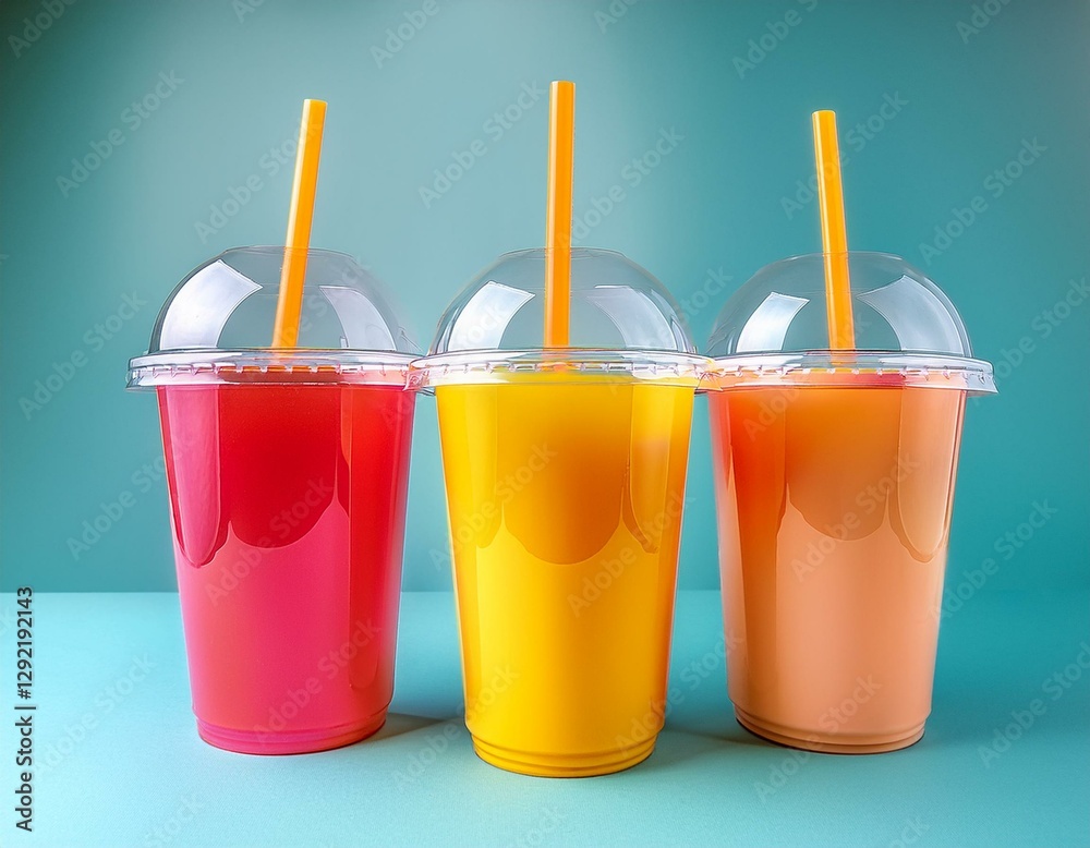 three plastic takeout cups with orange pink and yellow drinks close up solid color background three plastic takeout cups with orange pink and yellow drinks close up solid color background