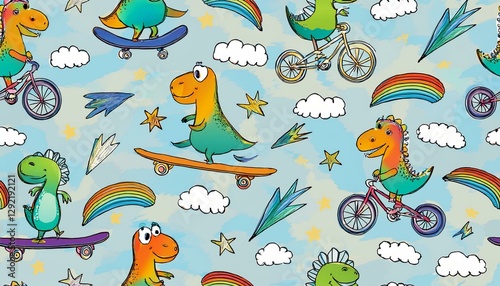 Wallpaper Mural seamless pattern with cute funny dinosaurs riding skateboard scooter and bicycle on light background with clouds rainbow stars lightning and hand drawn text Torontodigital.ca