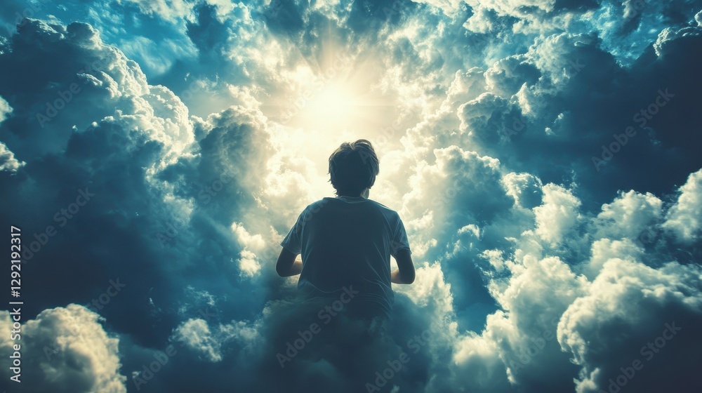 Fototapeta premium Young caucasian male exploring ethereal cloudscape under radiant sunlight