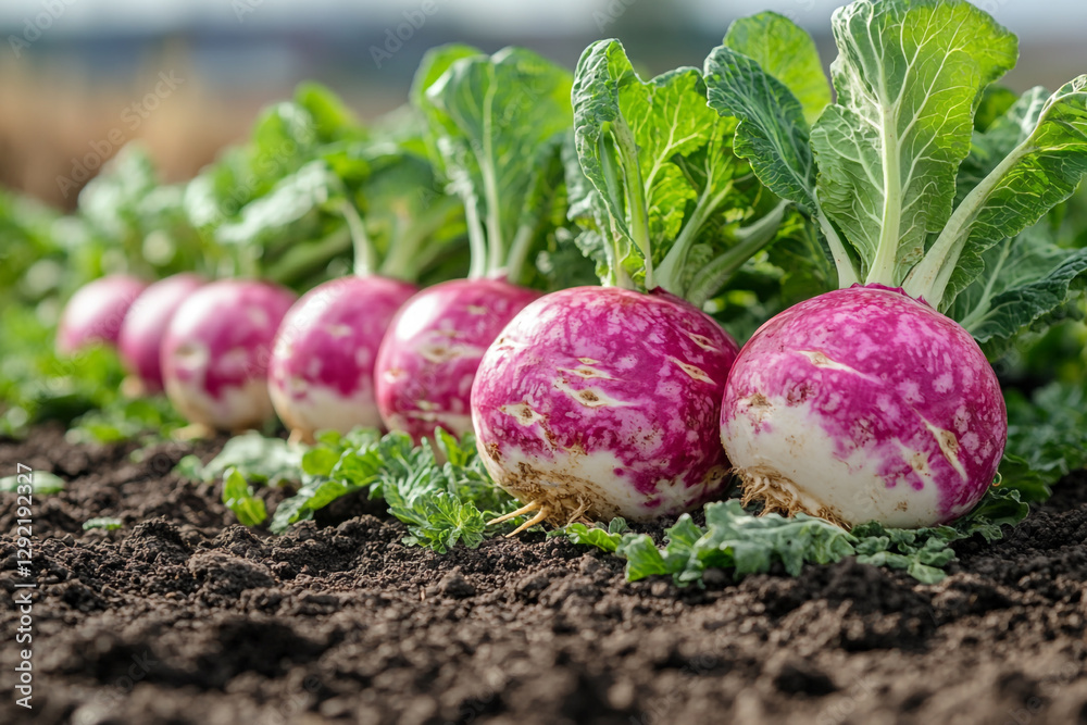 Ripe purple turnips growing in fertile soil ready for harvest Ripe purple turnips growing in fertile soil ready for harvest