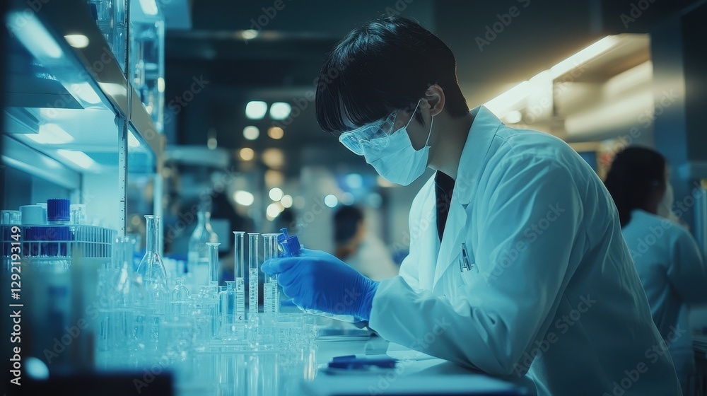 Asian male scientist in lab conducting experiment at night with test tubes and safety gear Asian male scientist in lab conducting experiment at night with test tubes and safety gear