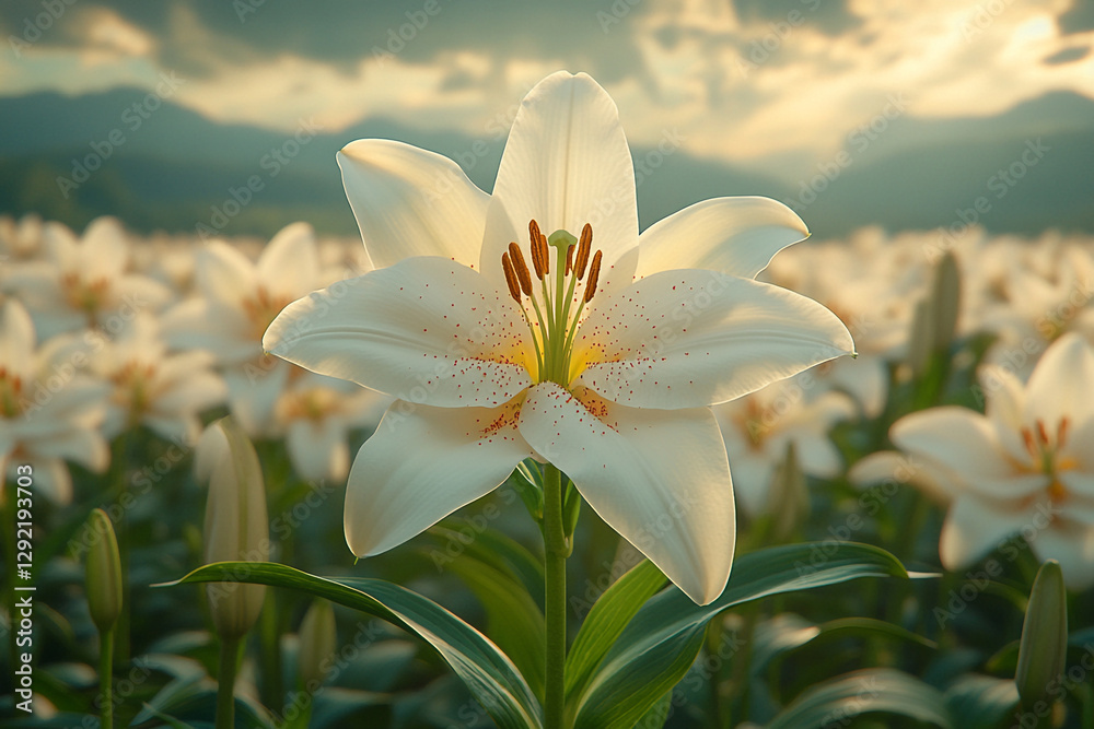 Fototapeta premium Serene white lilies blooming in a field under a soft, atmospheric sky
