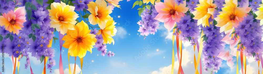 Fototapeta premium Watercolor Floral Border with Yellow and Purple Blooms