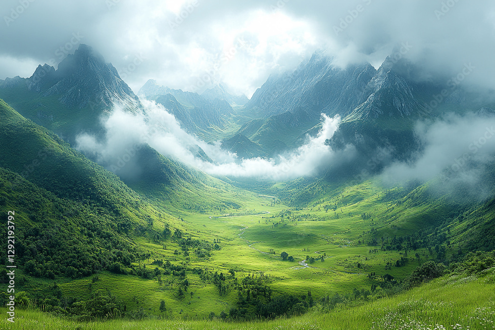 Fototapeta premium Emerald Valley Majesty, Verdant Mountains Shrouded in Whispering Clouds