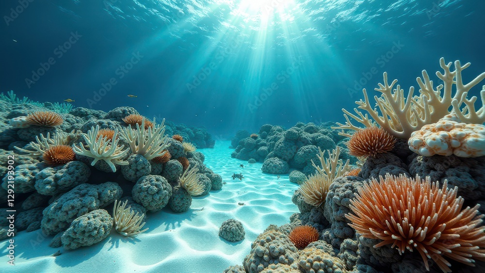 Fototapeta premium Sunlit coral reef underwater showing bleaching and climate change effects
