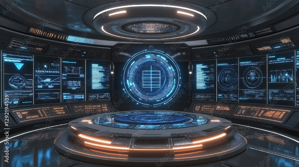Futuristic control room with holographic displays and advanced technology. Futuristic control room with holographic displays and advanced technology.