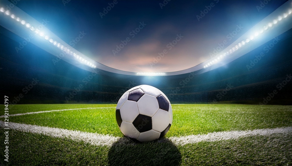Naklejka premium soccer ball in a stadium with lights a classic black and white soccer ball on green grass in the center of a stadium illuminated by spotlights