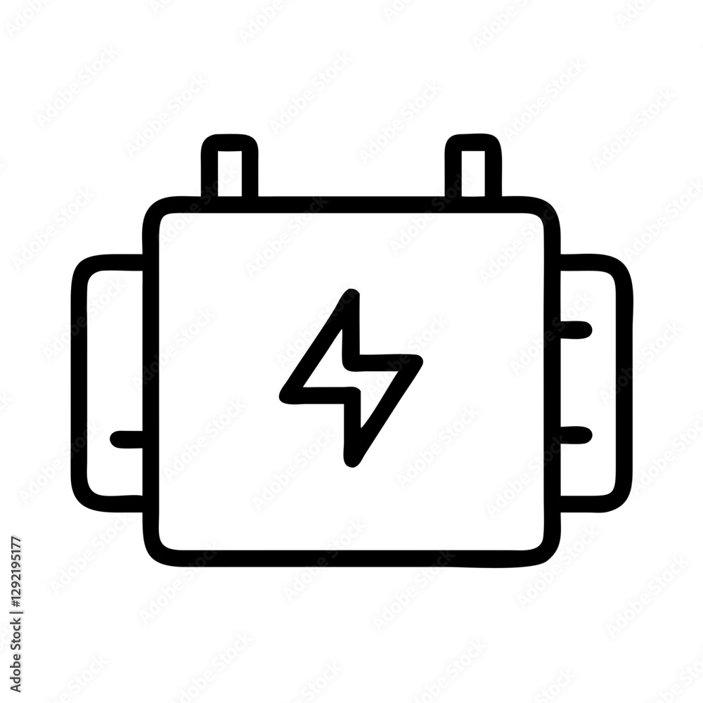 Battery charger icon with power symbol in black outline style Battery charger icon with power symbol in black outline style