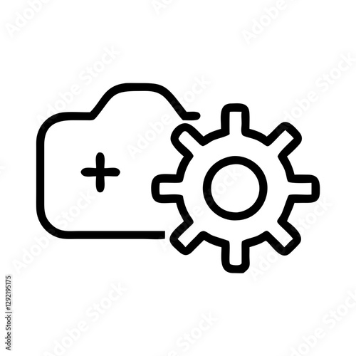 Camera settings icon with cogwheel in black outline style