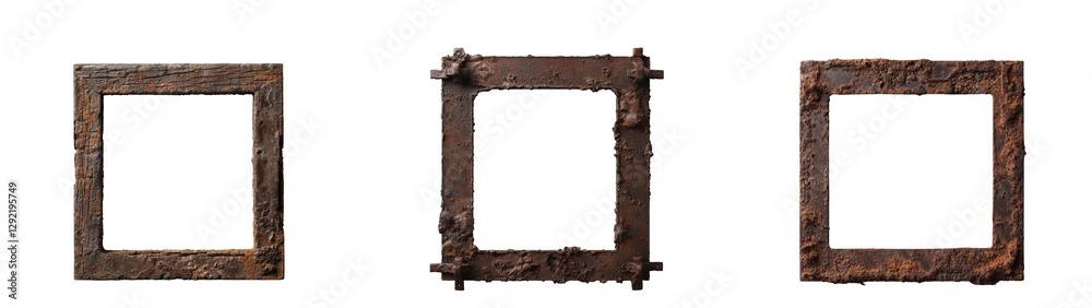 Three weathered rusty metal frames showcasing unique textures and characteristics in a row Three weathered rusty metal frames showcasing unique textures and characteristics in a row