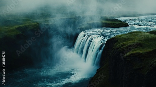   Waterfall amidst body of water with lush green moss on sides and hazy backdrop