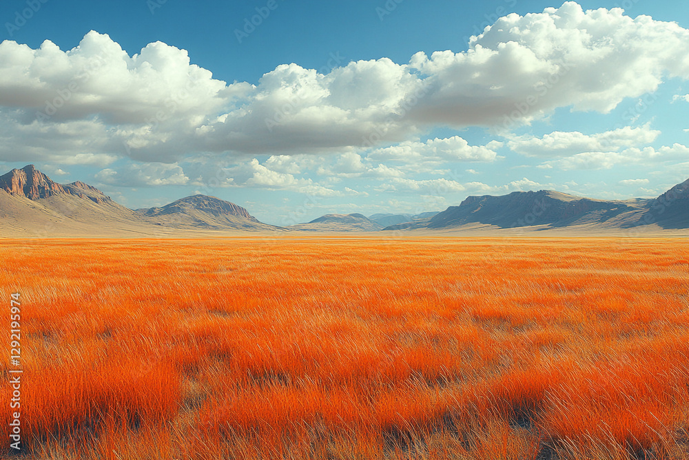 Fototapeta premium Vibrant Autumnal Grassland Vista with Distant Mountains and Azure Skies