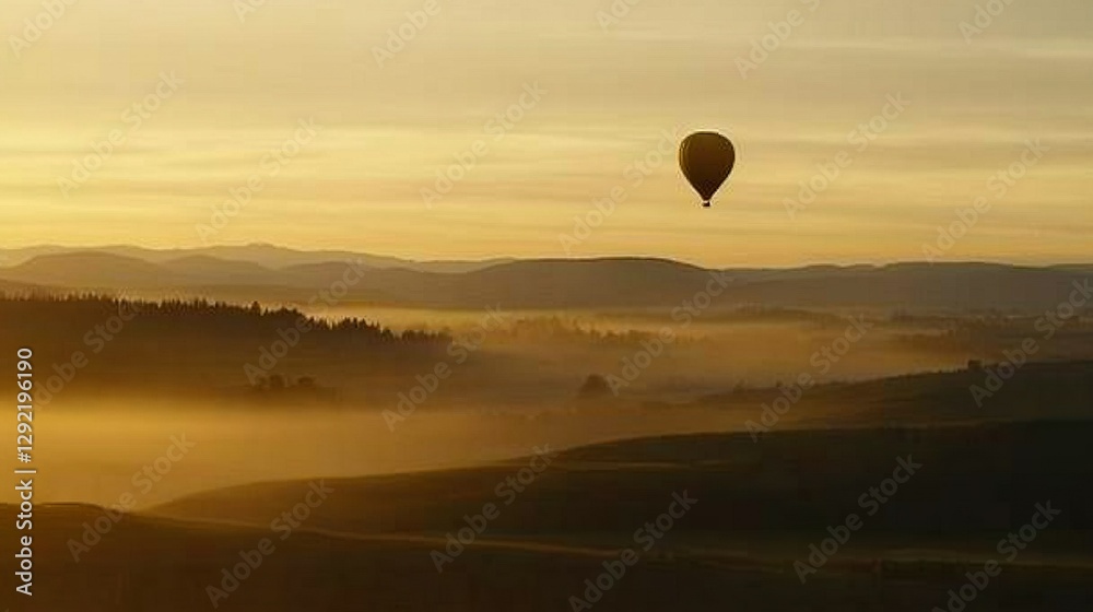 A hot air balloon soars above a foggy valley at sunrise, surrounded by trees and hills A hot air balloon soars above a foggy valley at sunrise, surrounded by trees and hills