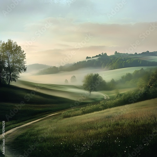 Foggy landscape of rolling hills and a calm morning high resolution picture