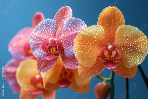 Orchid cascade in vibrant hues with delicate water droplet adornments