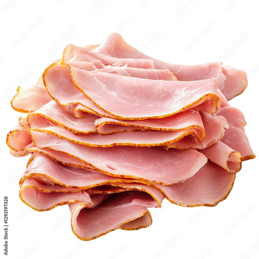 Sliced ham arranged neatly on a Transparent background for culinary presentation and advertising purposes, Sliced ham isolated on PNG background Sliced ham arranged neatly on a Transparent background for culinary presentation and advertising purposes, Sliced ham isolated on PNG background