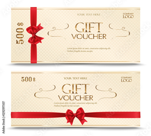 Gift certificate with golden elements, luxurious red bow and ribbons. Vector illustration. Design for invitation, certificate, gift coupon, ticket, voucher