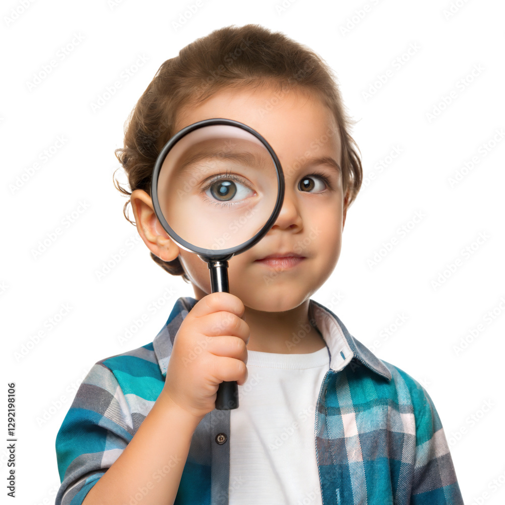 Curious child examining magnifying glass home portrait close-up exploration, isolated on white or transparent background Curious child examining magnifying glass home portrait close-up exploration, isolated on white or transparent background