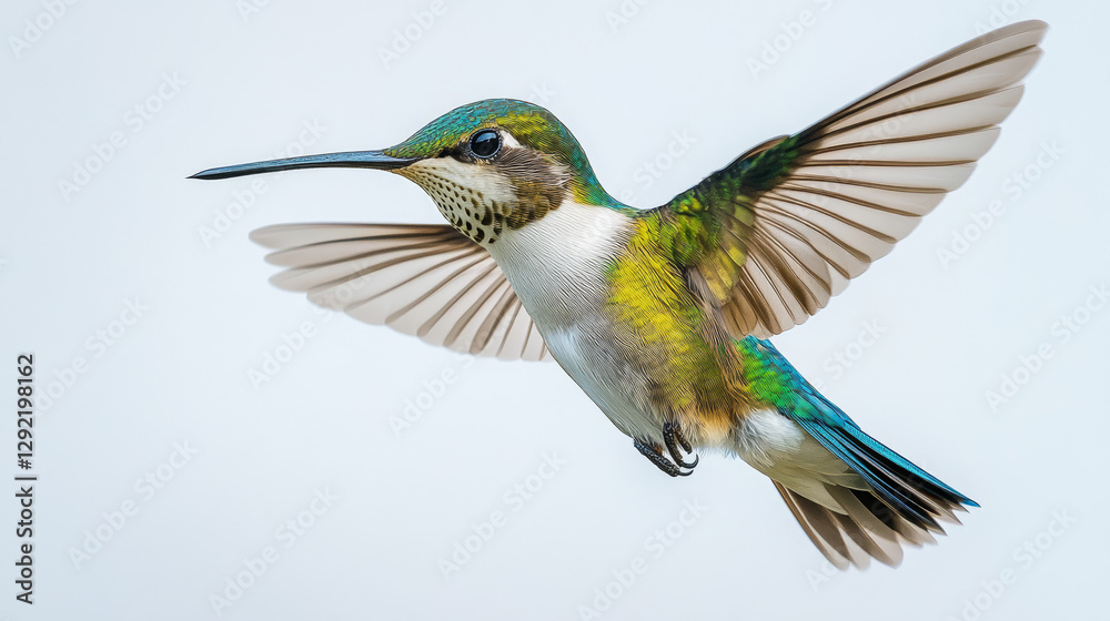 Fototapeta premium Green hummingbird in mid-flight with iridescent feathers and outstretched wings, isolated on a white background, ideal for nature conservation, birdwatching, and wildlife photography.